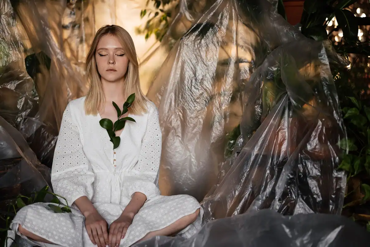 Femeie în rochie albă care meditează printre plante